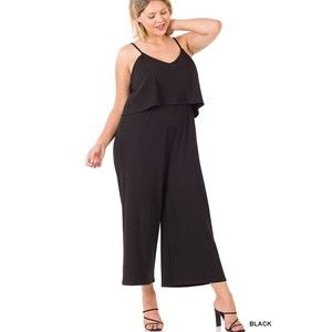 Zenana Black Ribbed Double Layer Sleeveless Cropped Jumpsuit Wide Leg Stretch